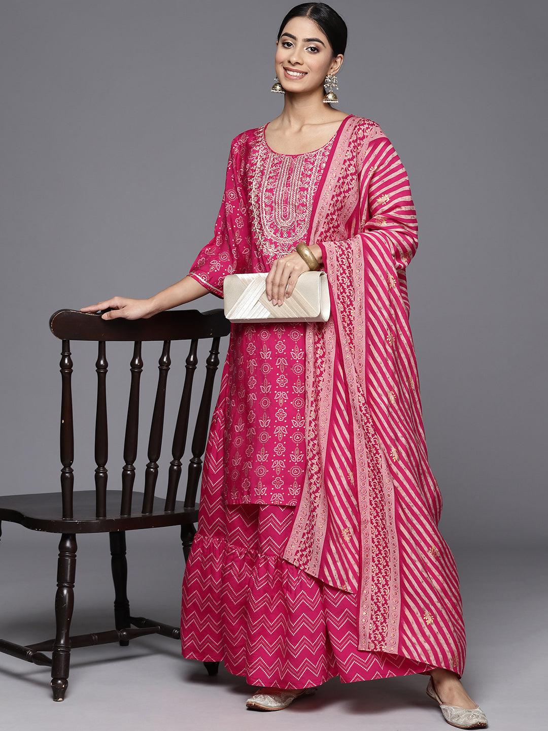 Magenta Yoke Design Silk Blend Straight Suit With Dupatta