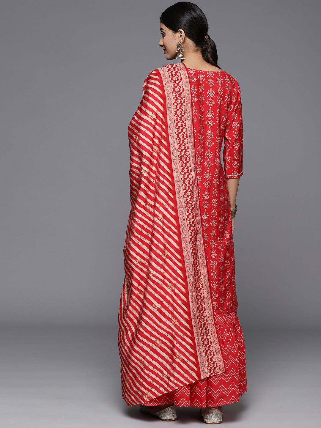 Red Yoke Design Silk Blend Straight Suit With Dupatta