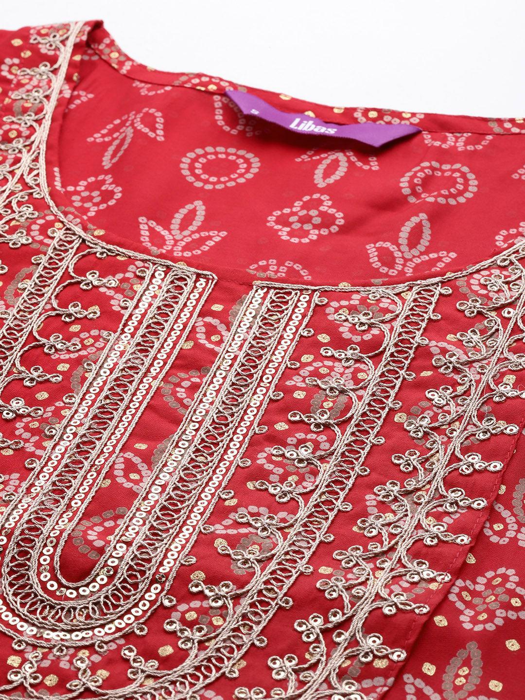 Red Yoke Design Silk Blend Straight Suit With Dupatta