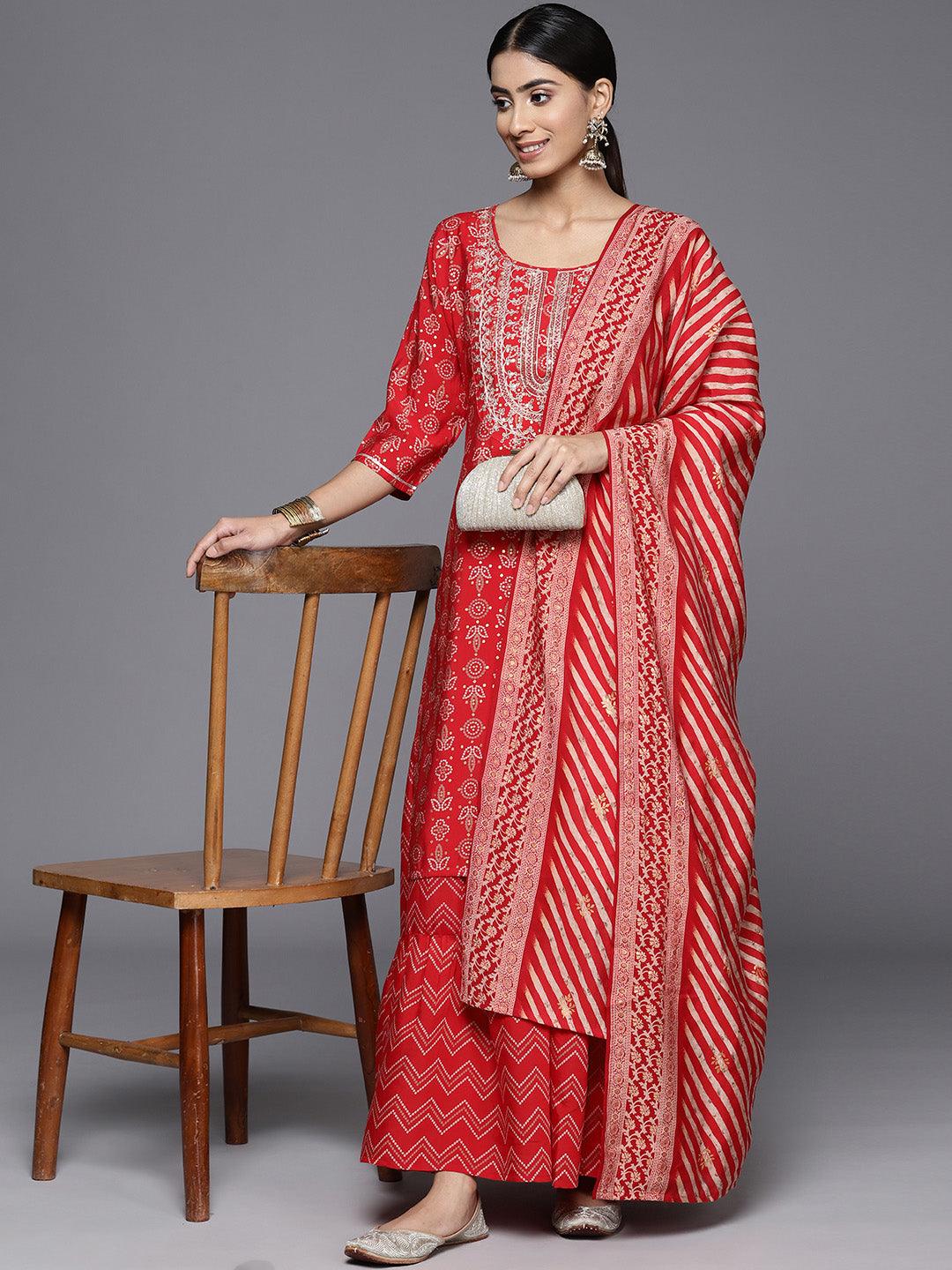 Red Yoke Design Silk Blend Straight Suit With Dupatta