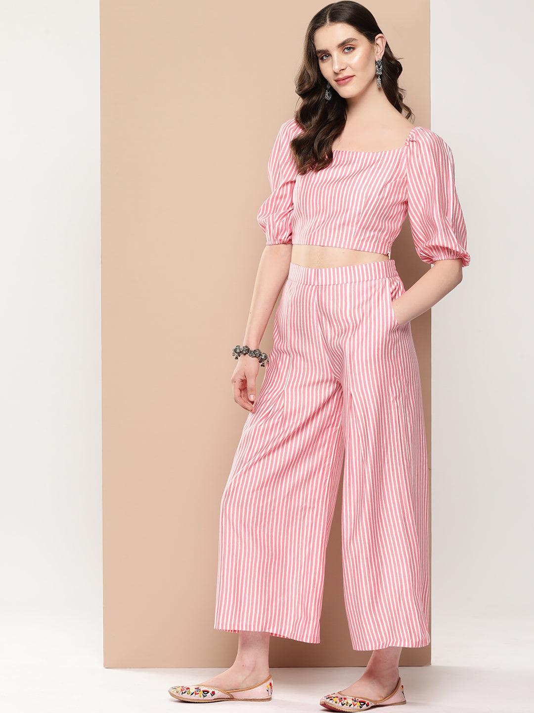 Pink Striped Polyester Top With Palazzos - ShopLibas