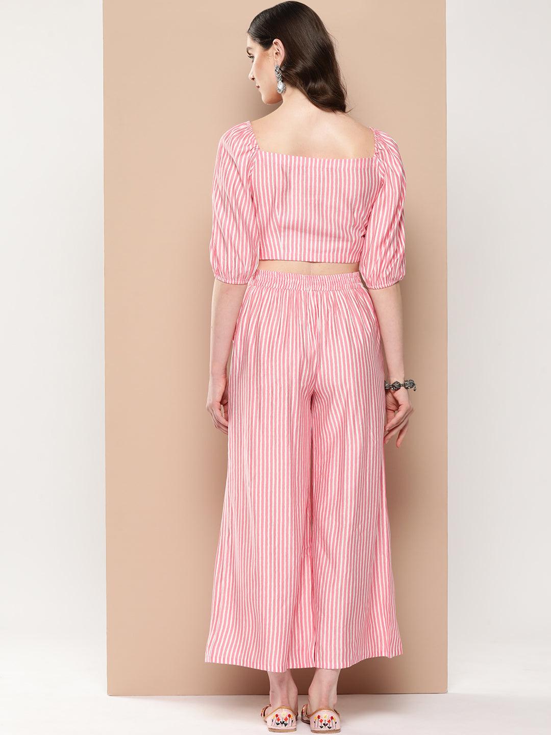 Pink Striped Polyester Top With Palazzos - ShopLibas