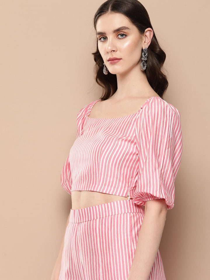 Pink Striped Polyester Top With Palazzos - ShopLibas