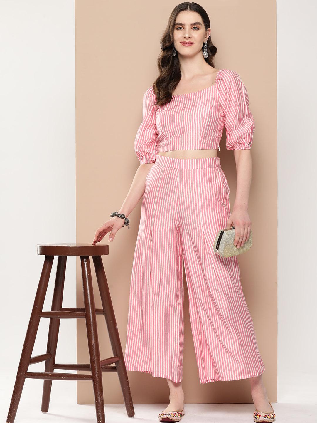 Pink Striped Polyester Top With Palazzos - ShopLibas