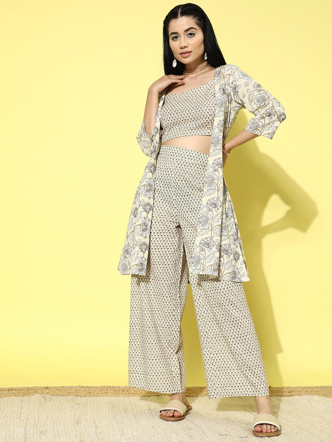 Yellow Printed Cotton Top With Palazzos & Shrug - ShopLibas