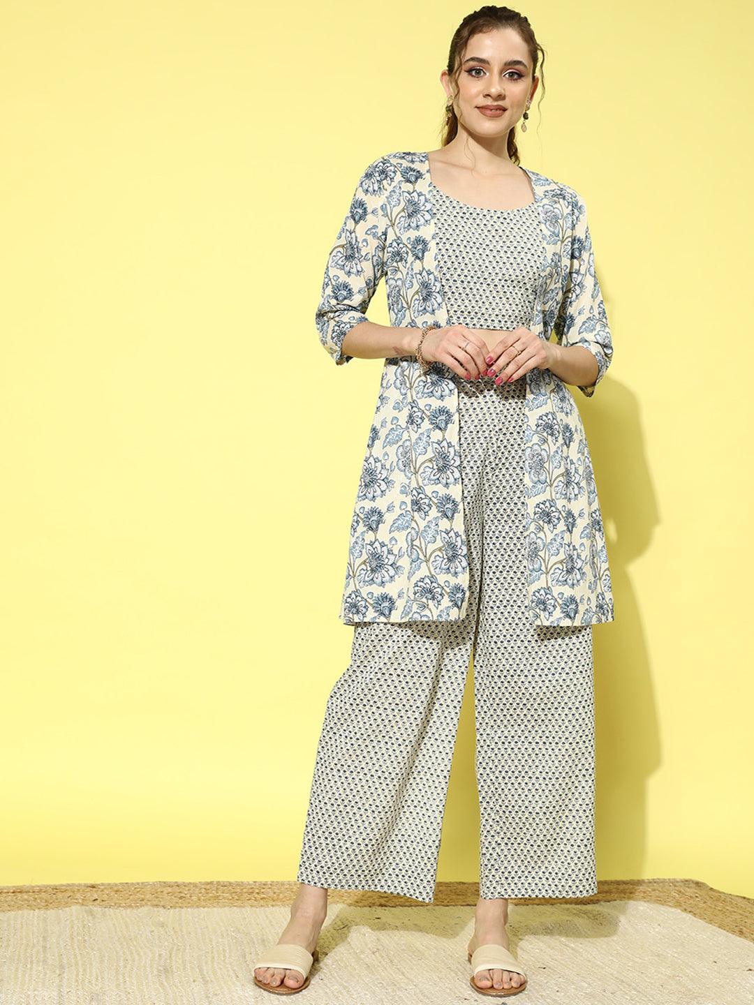 Yellow Printed Cotton Top With Palazzos & Shrug - ShopLibas