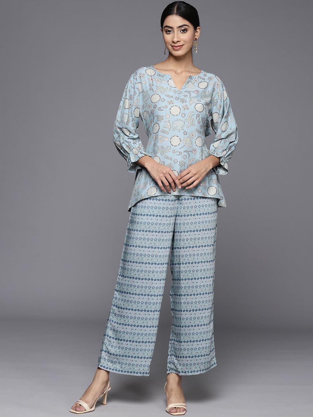 Blue Printed Silk Blend Co-Ords - ShopLibas