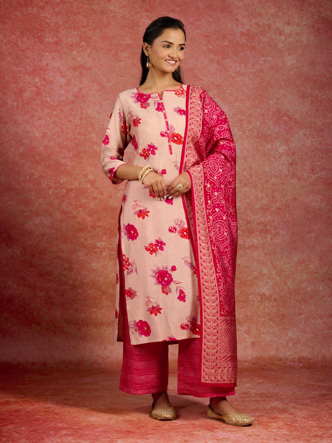 Pink Printed Silk Blend Straight Suit With Dupatta