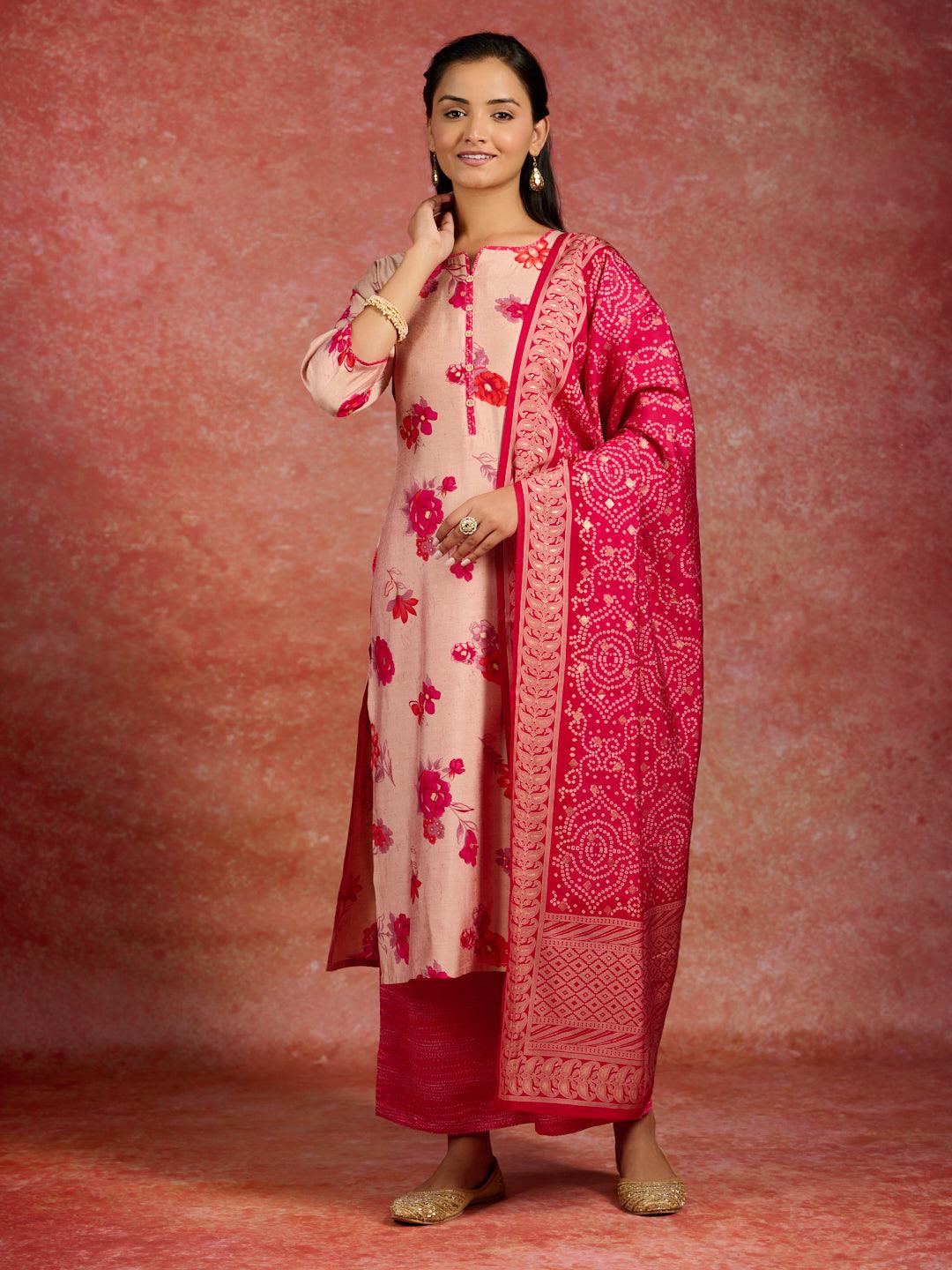 Pink Printed Silk Blend Straight Suit With Dupatta