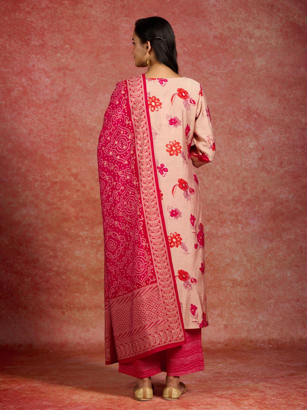 Pink Printed Silk Blend Straight Suit With Dupatta