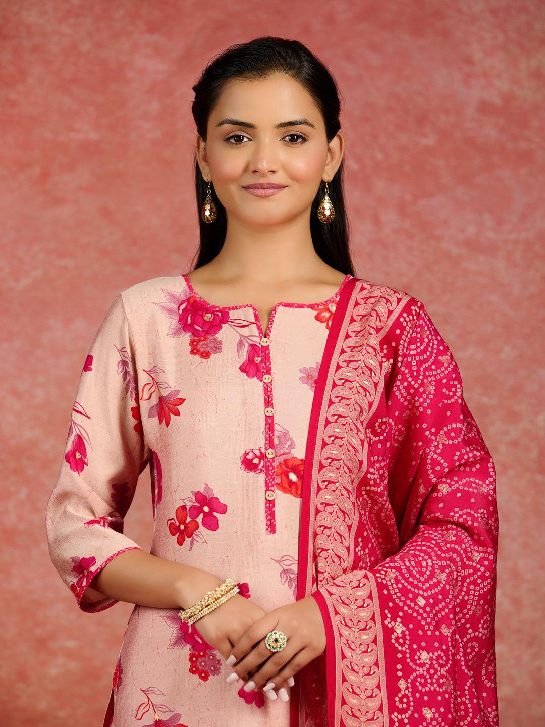 Pink Printed Silk Blend Straight Suit With Dupatta