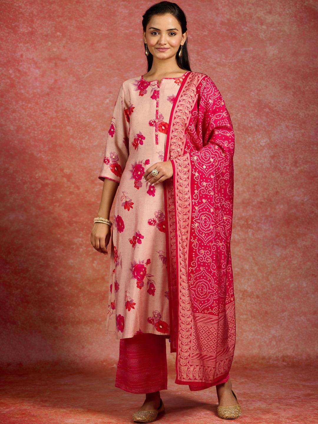 Pink Printed Silk Blend Straight Suit With Dupatta