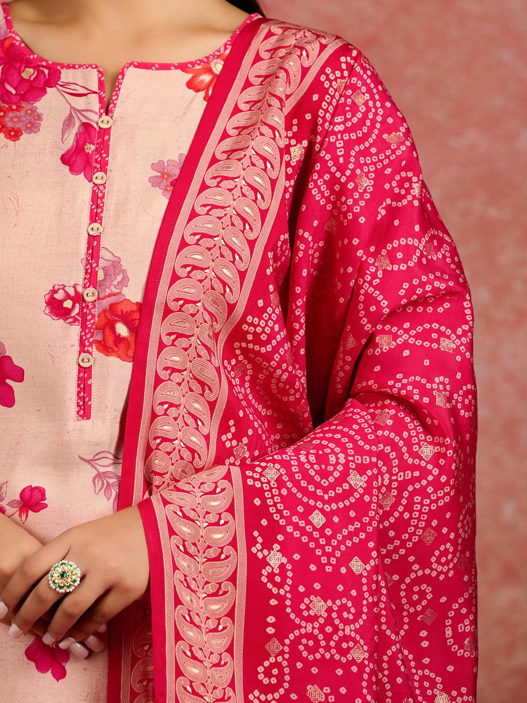 Pink Printed Silk Blend Straight Suit With Dupatta