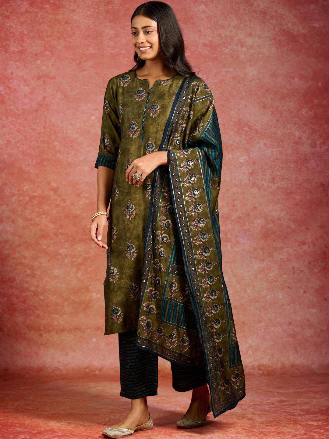 Olive Printed Silk Blend Straight Suit With Dupatta