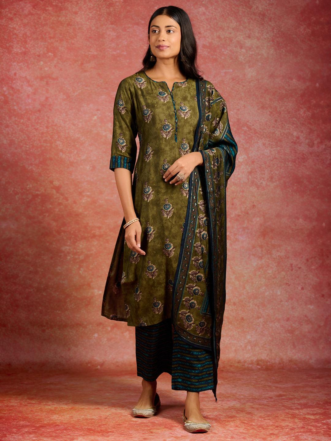 Olive Printed Silk Blend Straight Suit With Dupatta