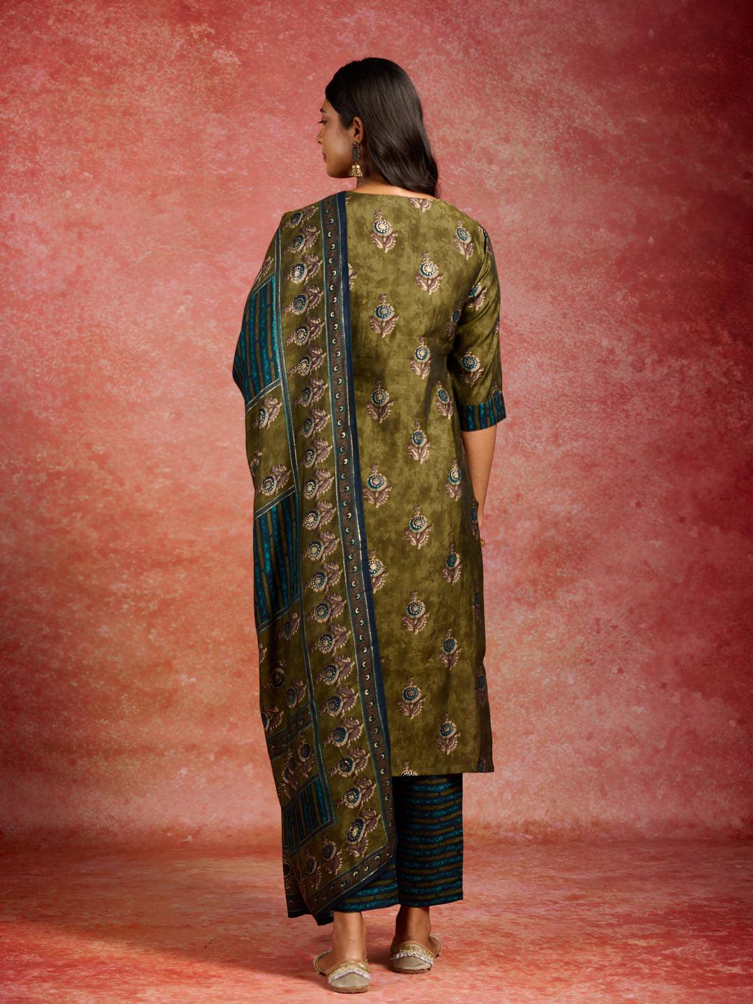 Olive Printed Silk Blend Straight Suit With Dupatta