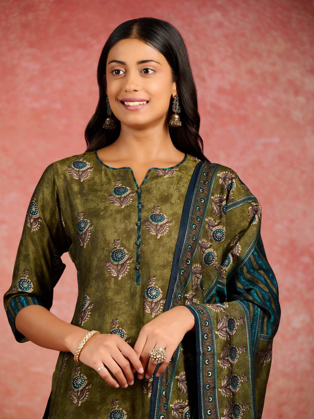 Olive Printed Silk Blend Straight Suit With Dupatta