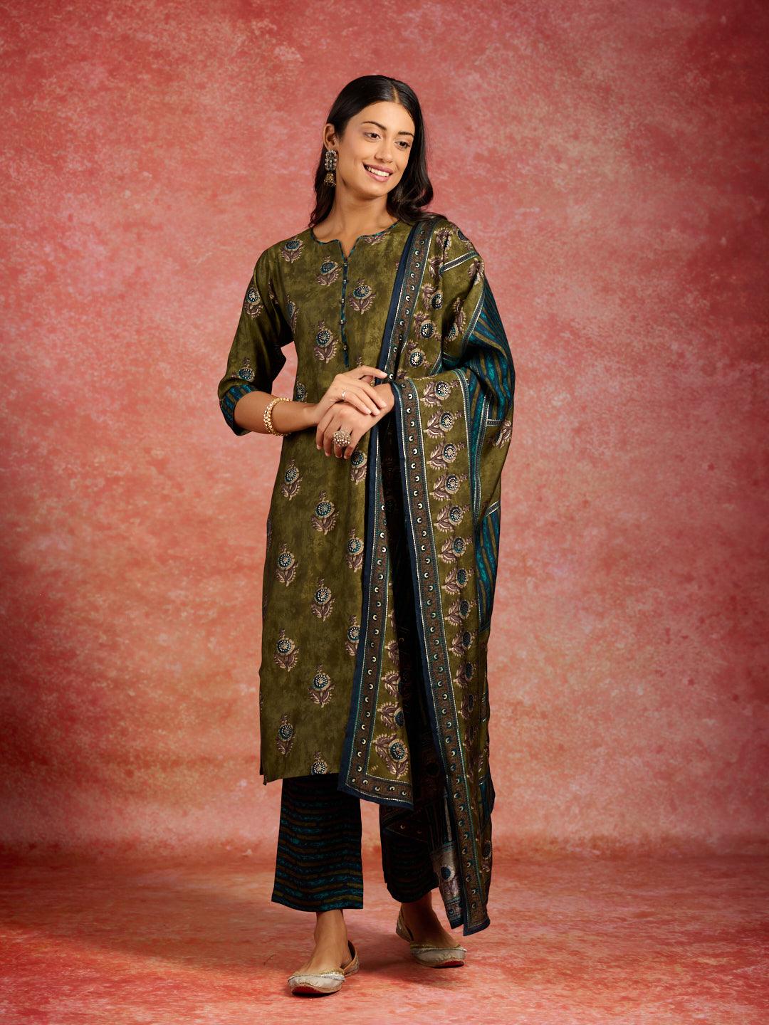 Olive Printed Silk Blend Straight Suit With Dupatta