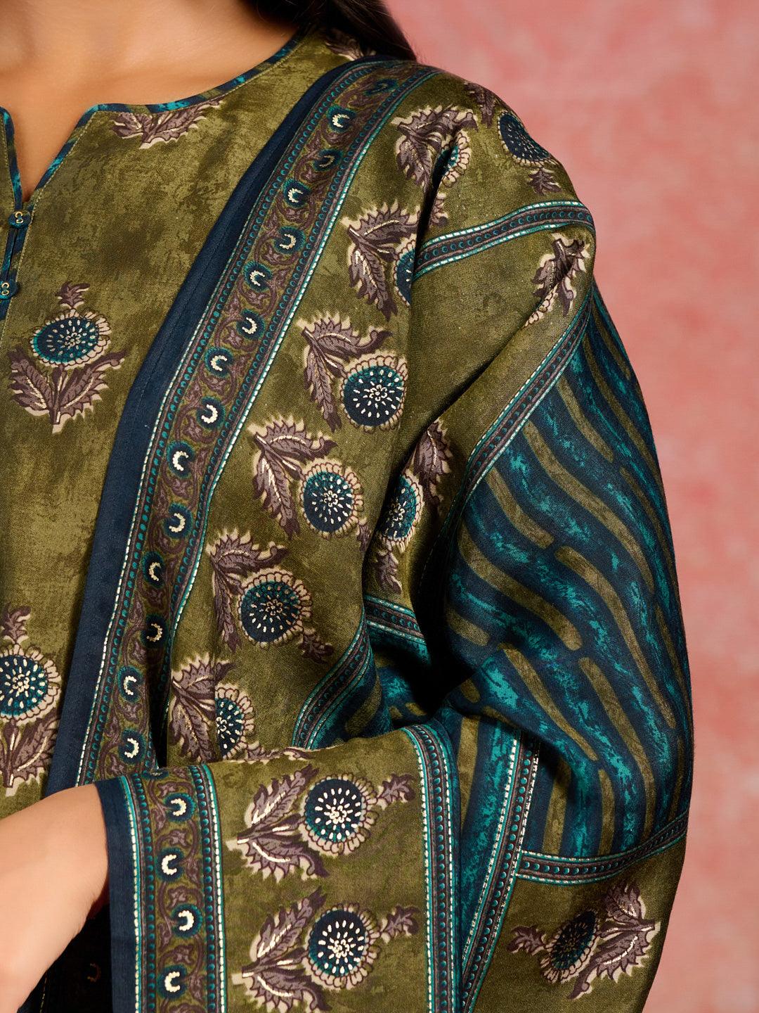 Olive Printed Silk Blend Straight Suit With Dupatta