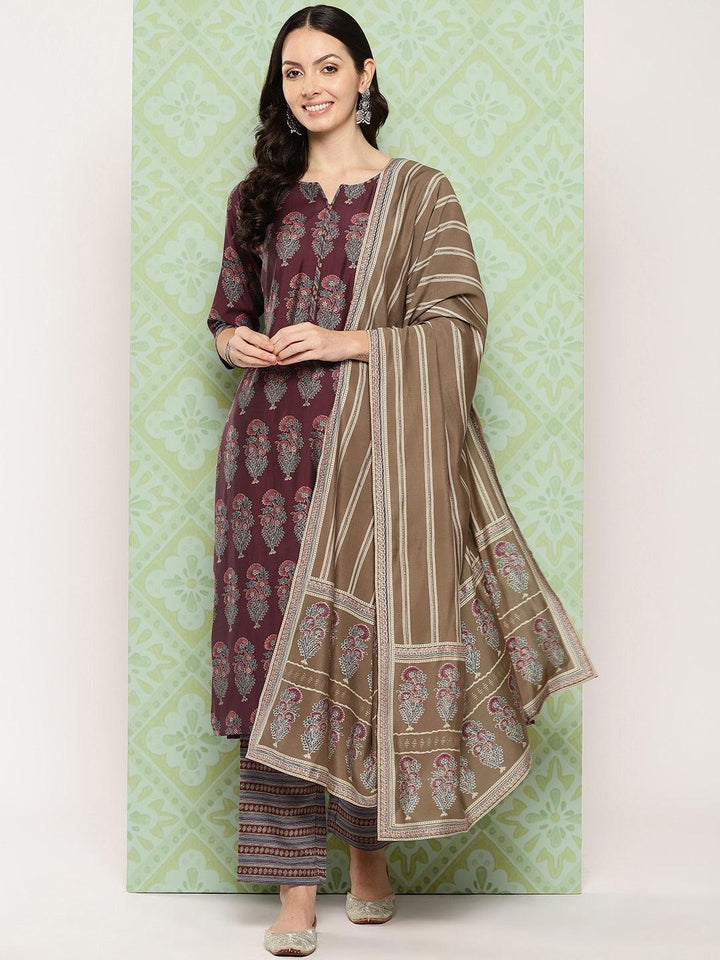 Maroon Printed Silk Blend Straight Kurta With Trousers & Dupatta - ShopLibas