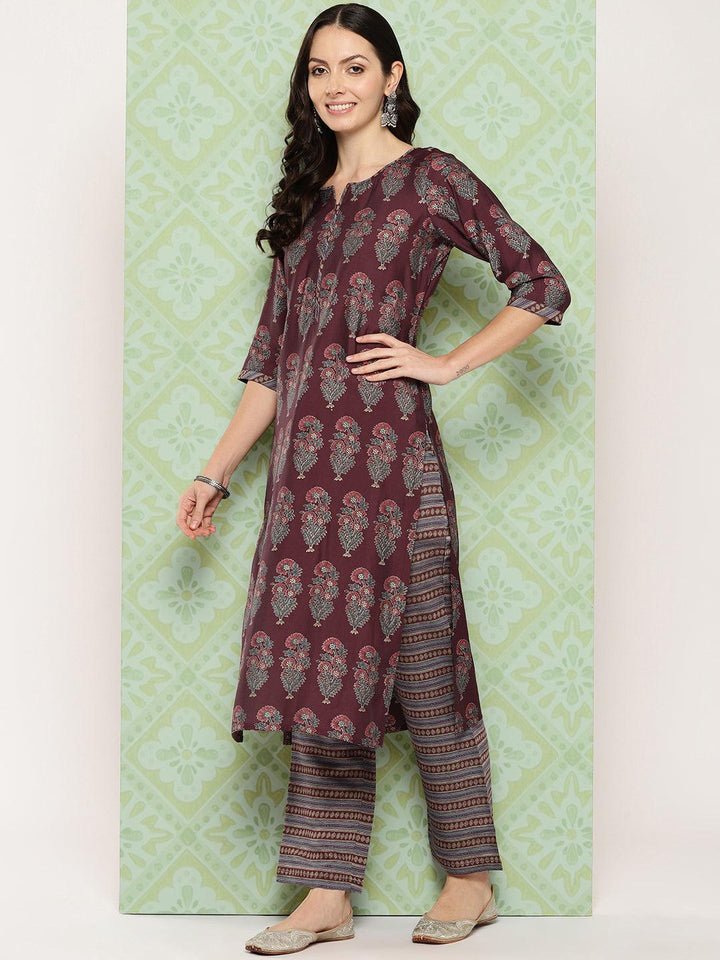 Maroon Printed Silk Blend Straight Kurta With Trousers & Dupatta - ShopLibas