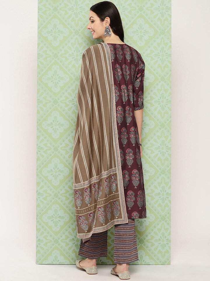 Maroon Printed Silk Blend Straight Kurta With Trousers & Dupatta - ShopLibas