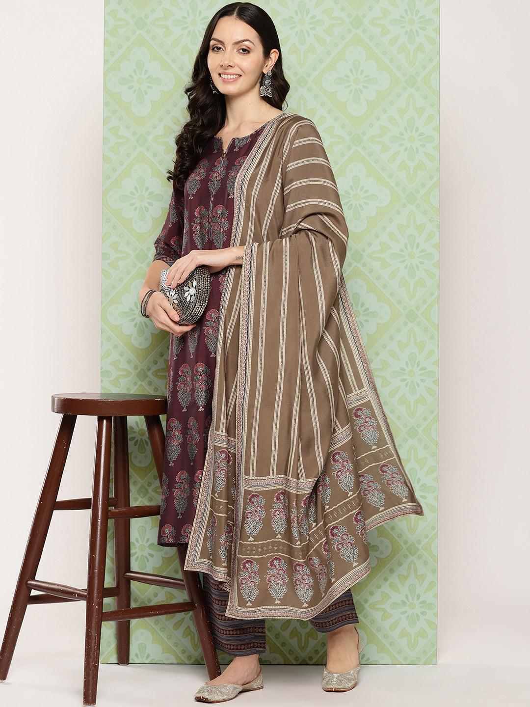 Maroon Printed Silk Blend Straight Kurta With Trousers & Dupatta - ShopLibas