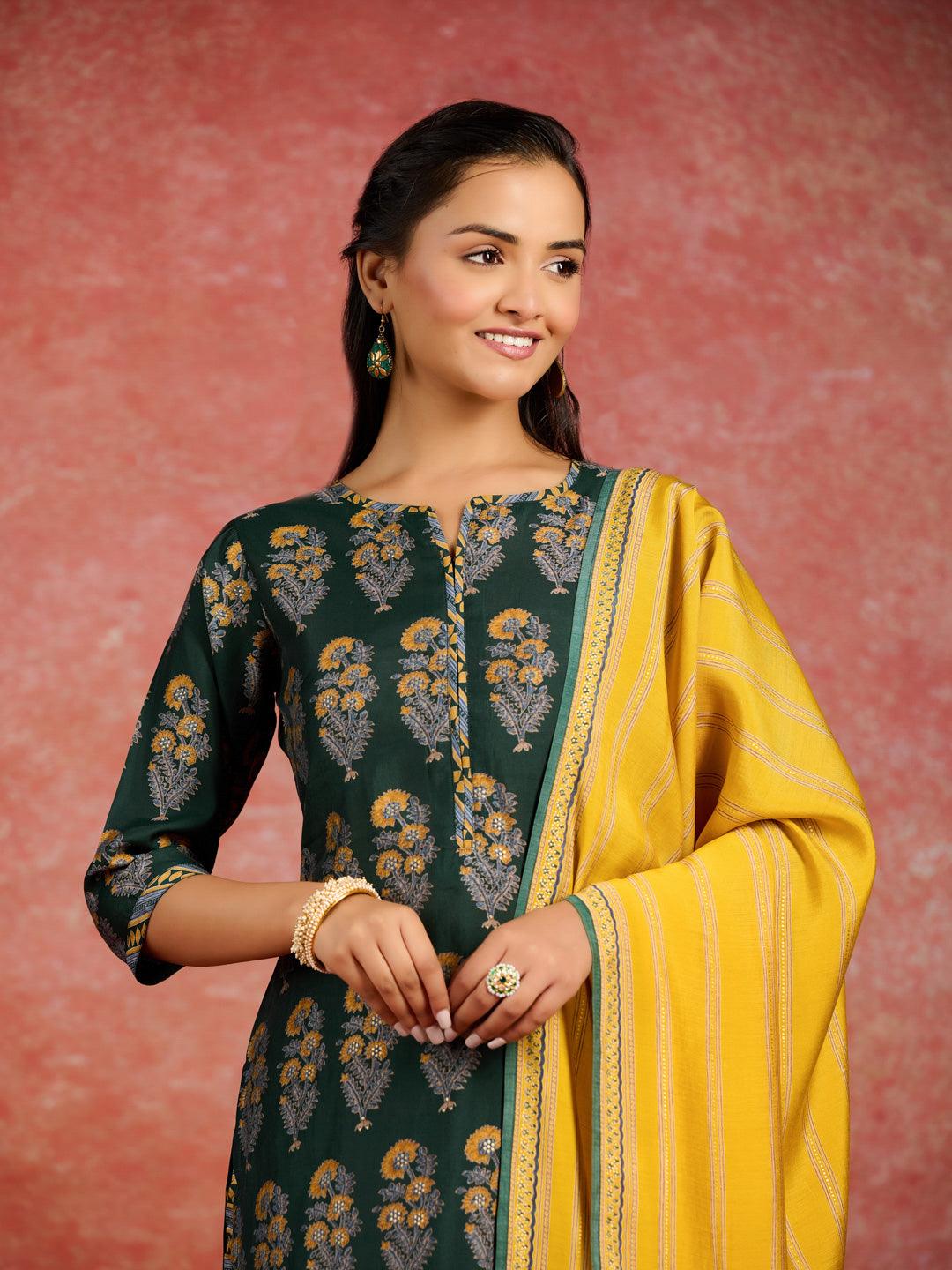 Green Printed Silk Blend Straight Suit With Dupatta