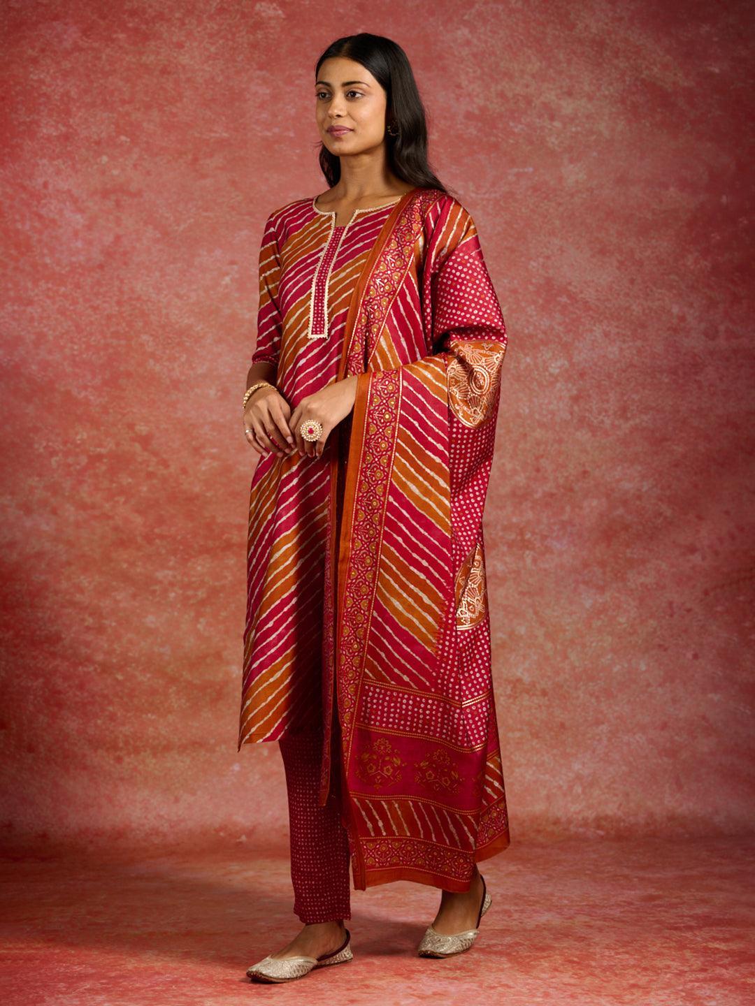 Red Printed Silk Blend Straight Kurta With Trousers & Dupatta - ShopLibas