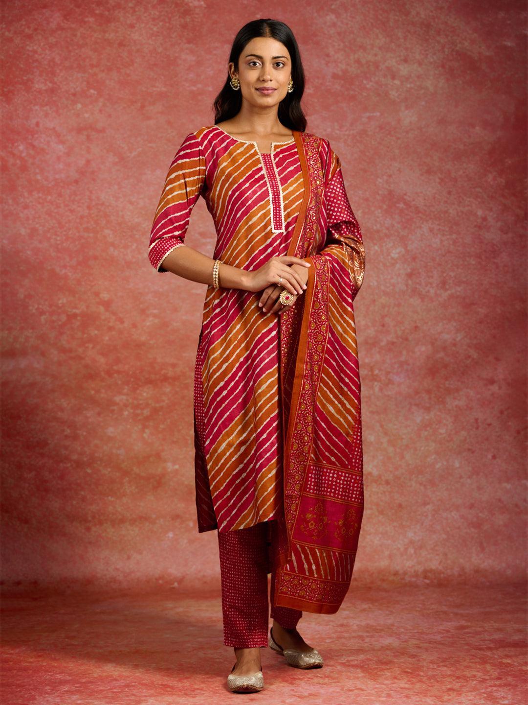 Red Printed Silk Blend Straight Suit With Dupatta