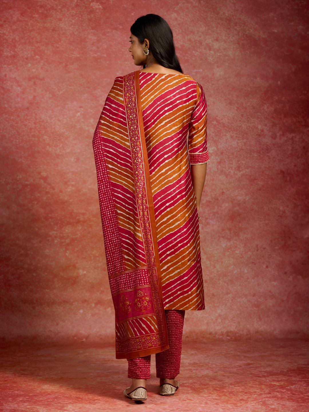 Red Printed Silk Blend Straight Suit With Dupatta