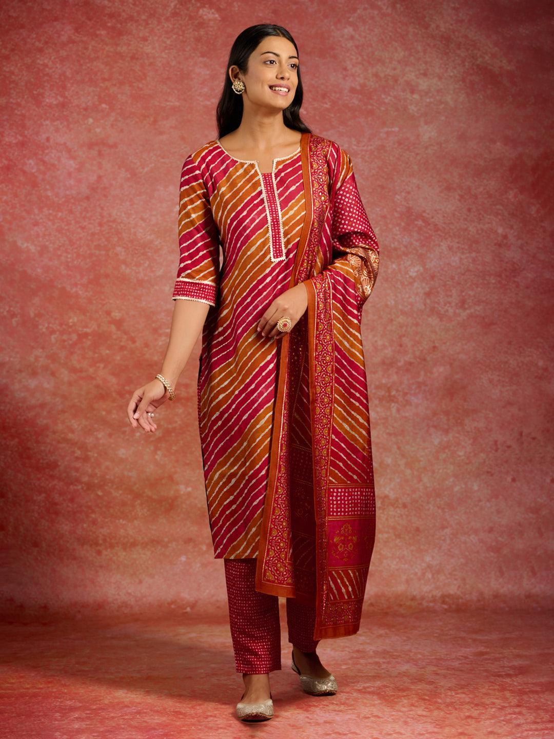 Red Printed Silk Blend Straight Kurta With Trousers & Dupatta - ShopLibas