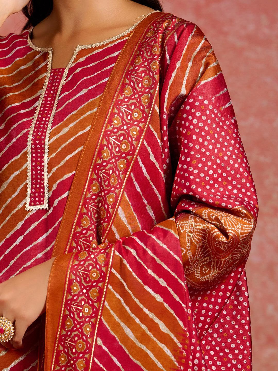 Red Printed Silk Blend Straight Suit With Dupatta