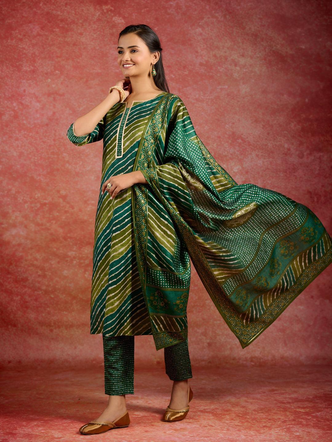 Green Printed Silk Blend Straight Kurta With Trousers & Dupatta - ShopLibas