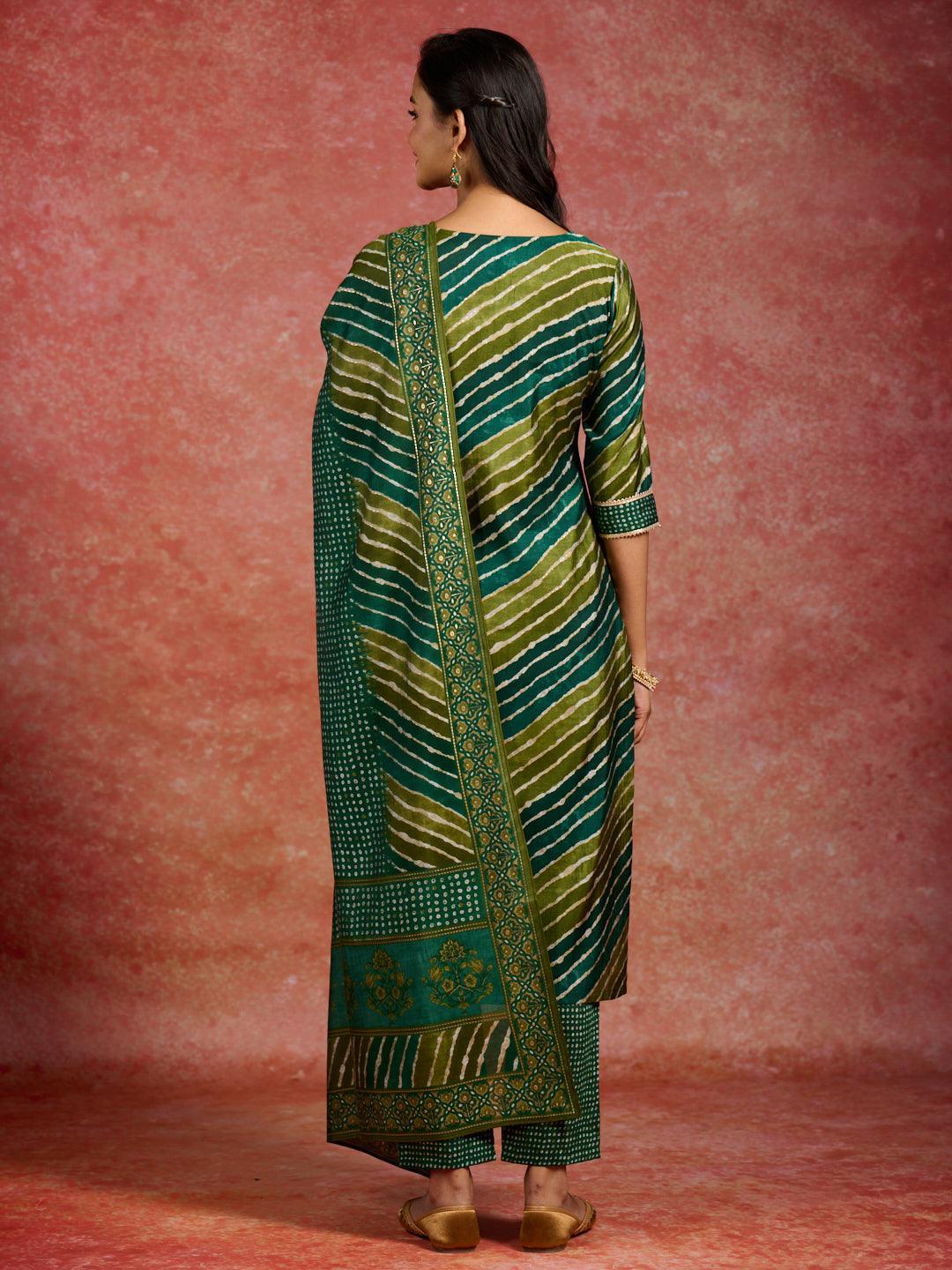 Green Printed Silk Blend Straight Suit With Dupatta