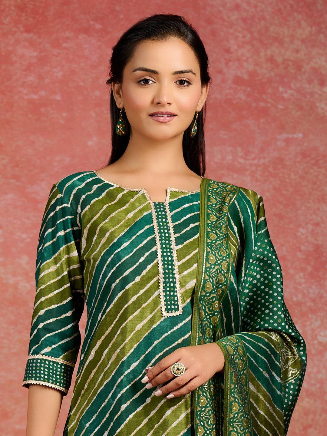 Green Printed Silk Blend Straight Suit With Dupatta