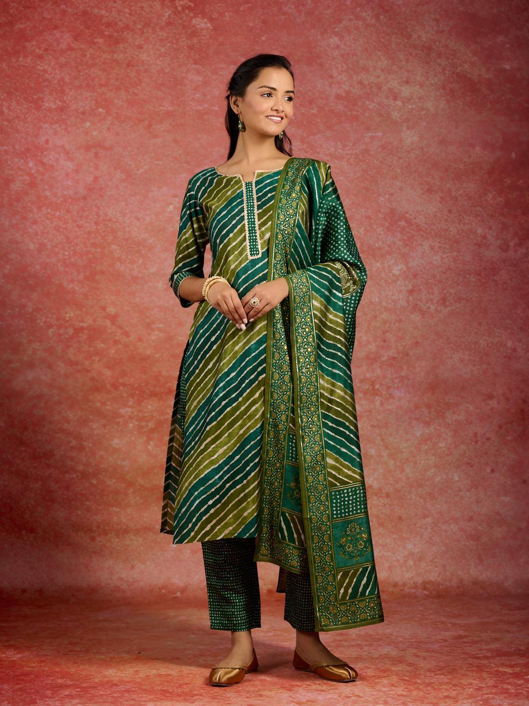 Green Printed Silk Blend Straight Suit With Dupatta