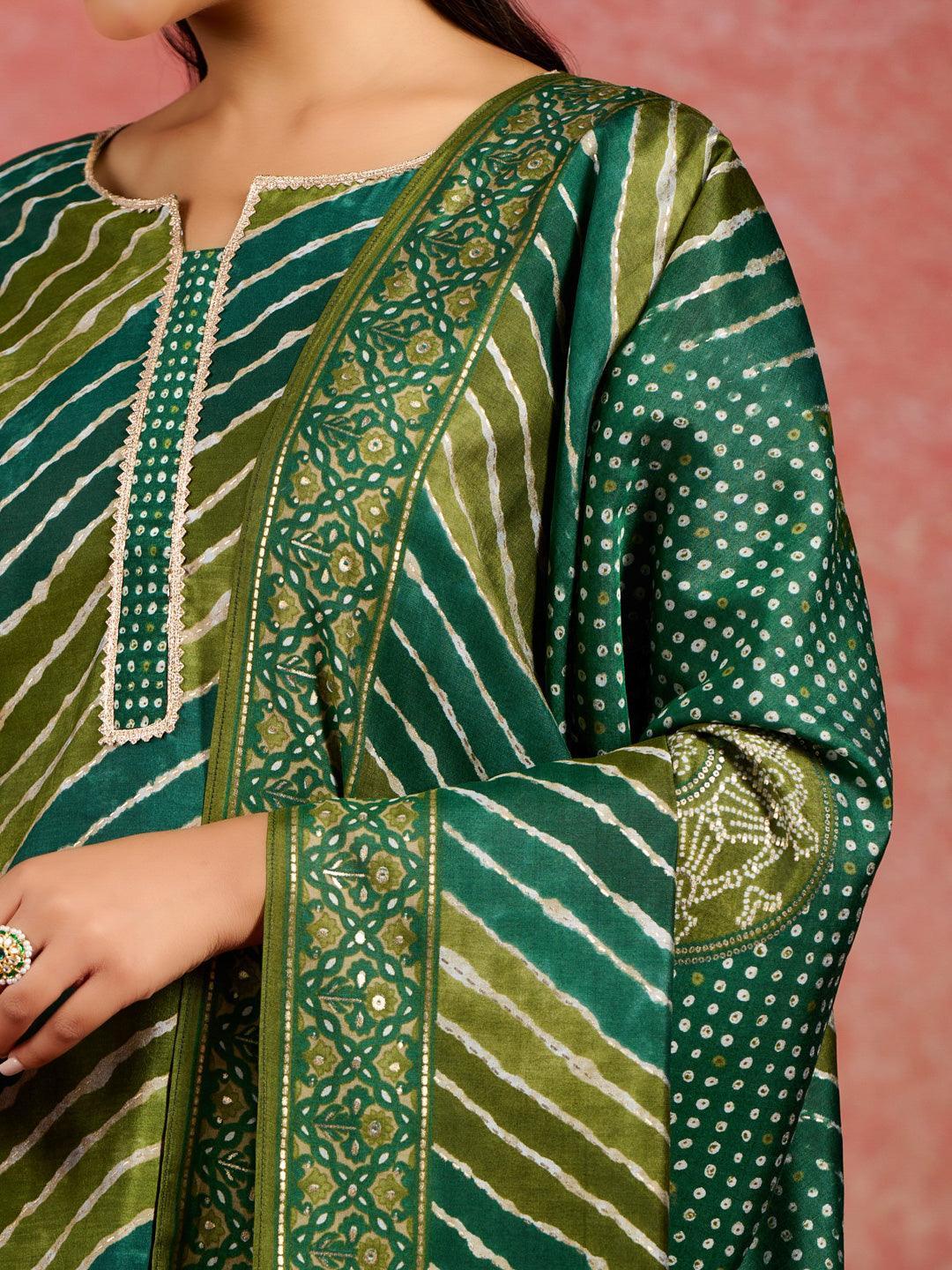 Green Printed Silk Blend Straight Suit With Dupatta