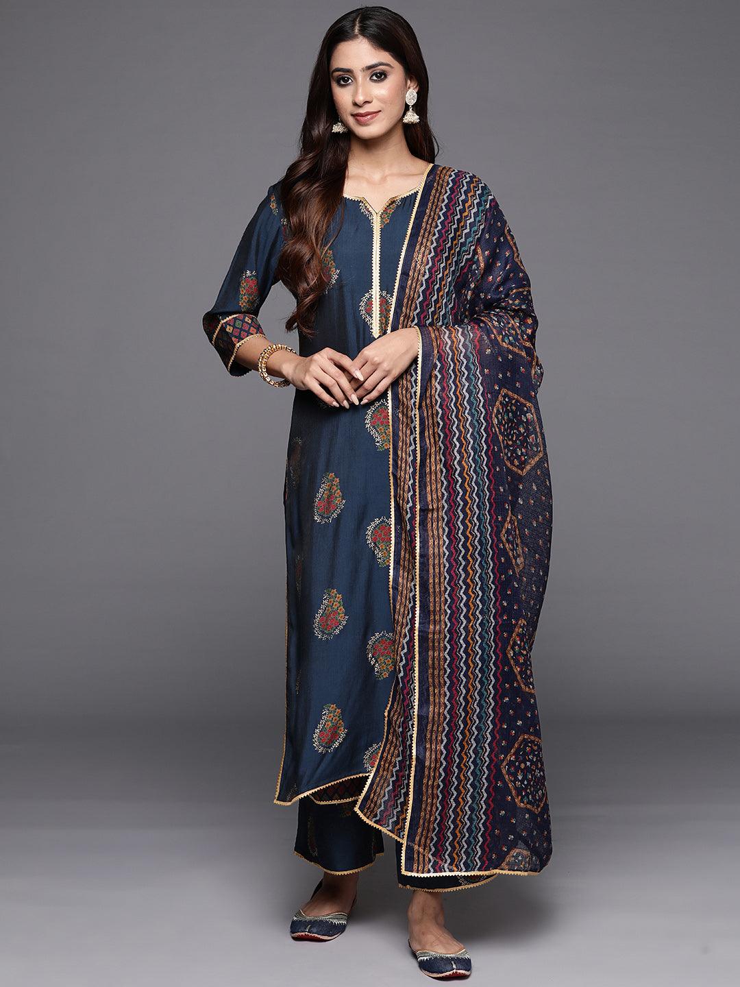 Blue Printed Silk Blend Straight Suit With Dupatta