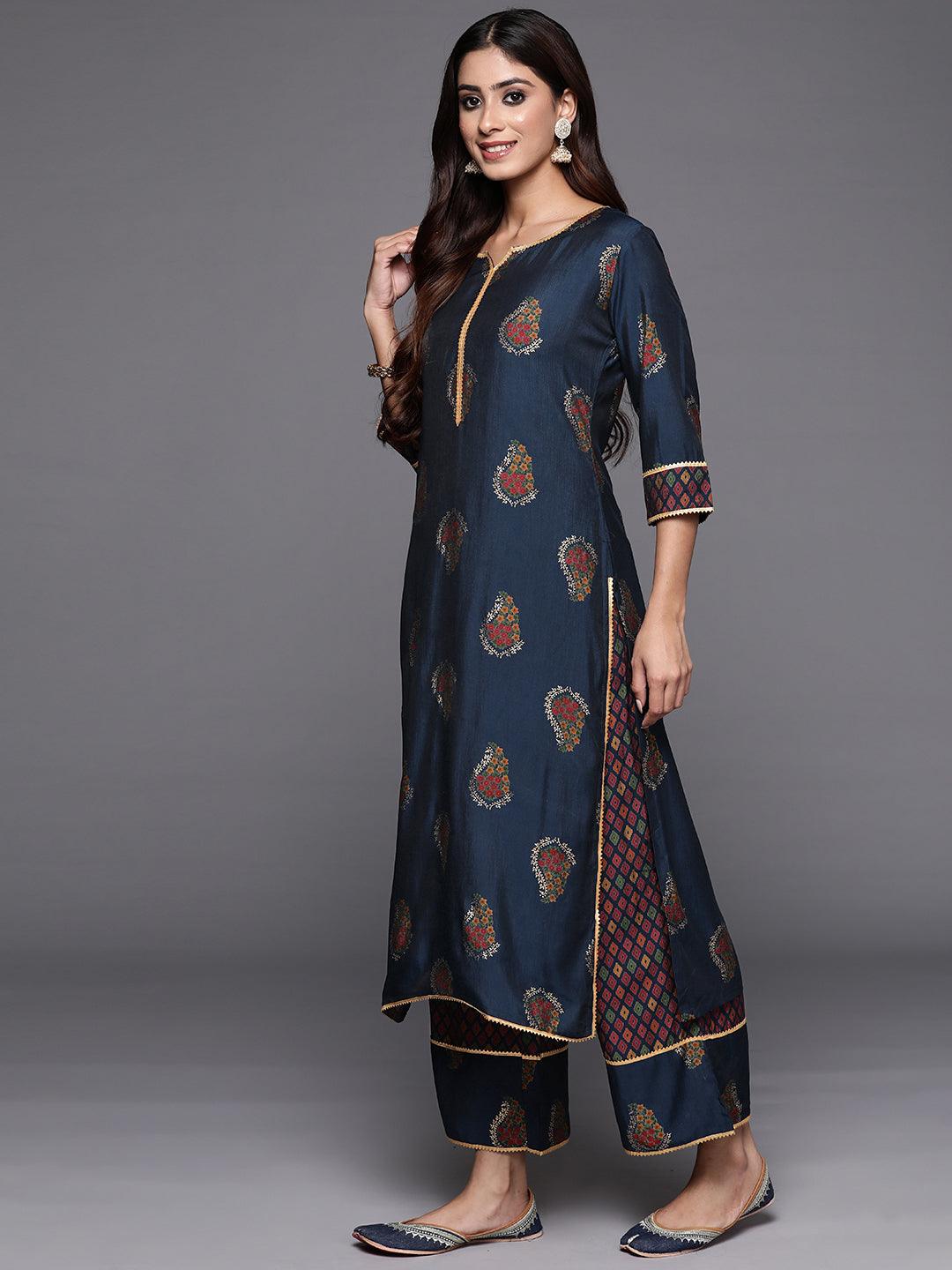 Blue Printed Silk Blend Straight Suit With Dupatta