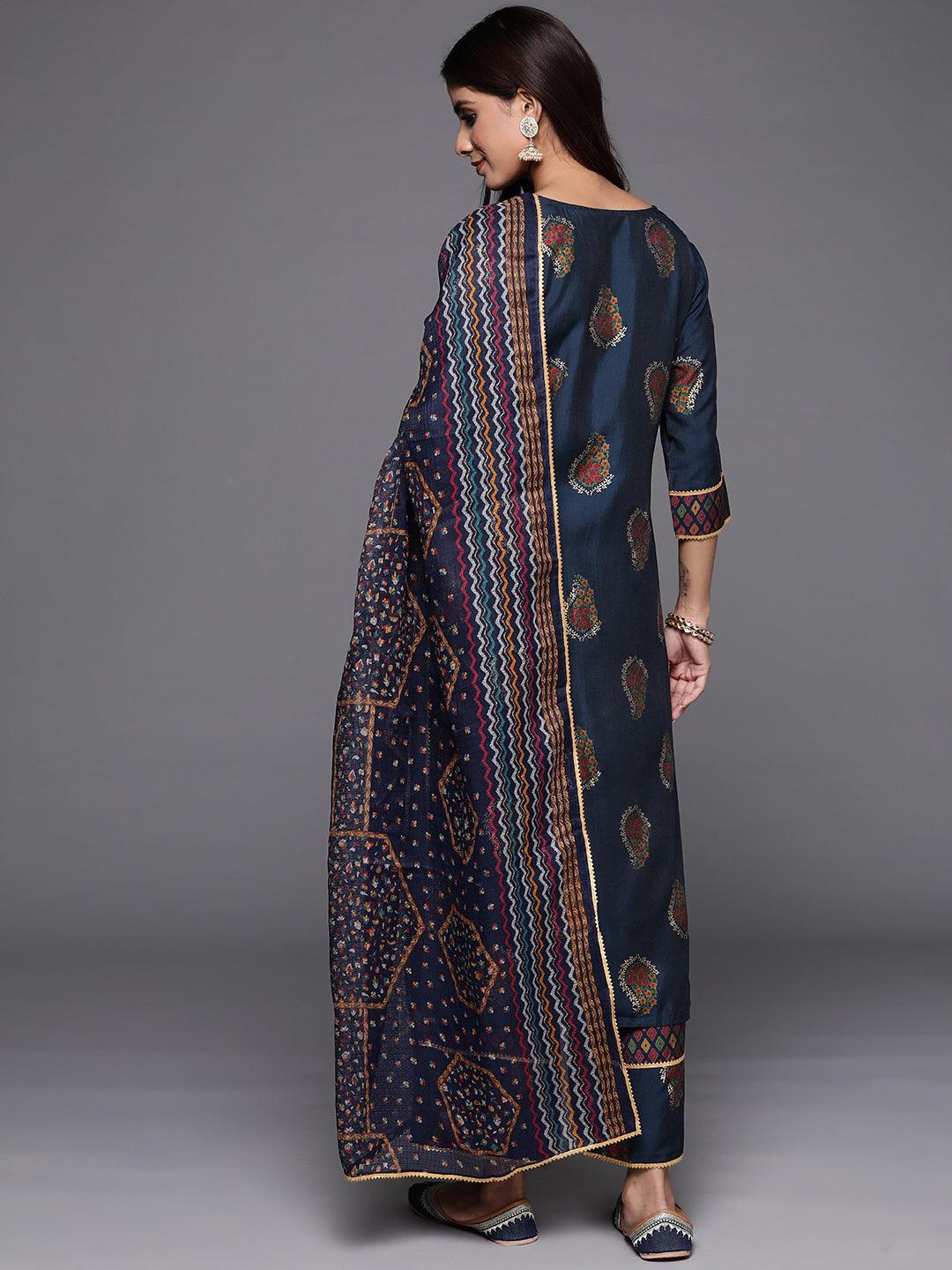 Blue Printed Silk Blend Straight Suit With Dupatta