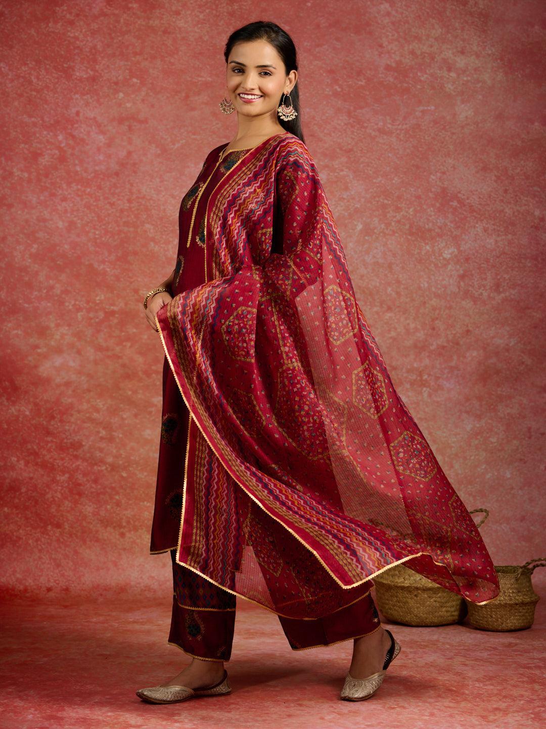 Red Printed Silk Blend Straight Suit With Dupatta