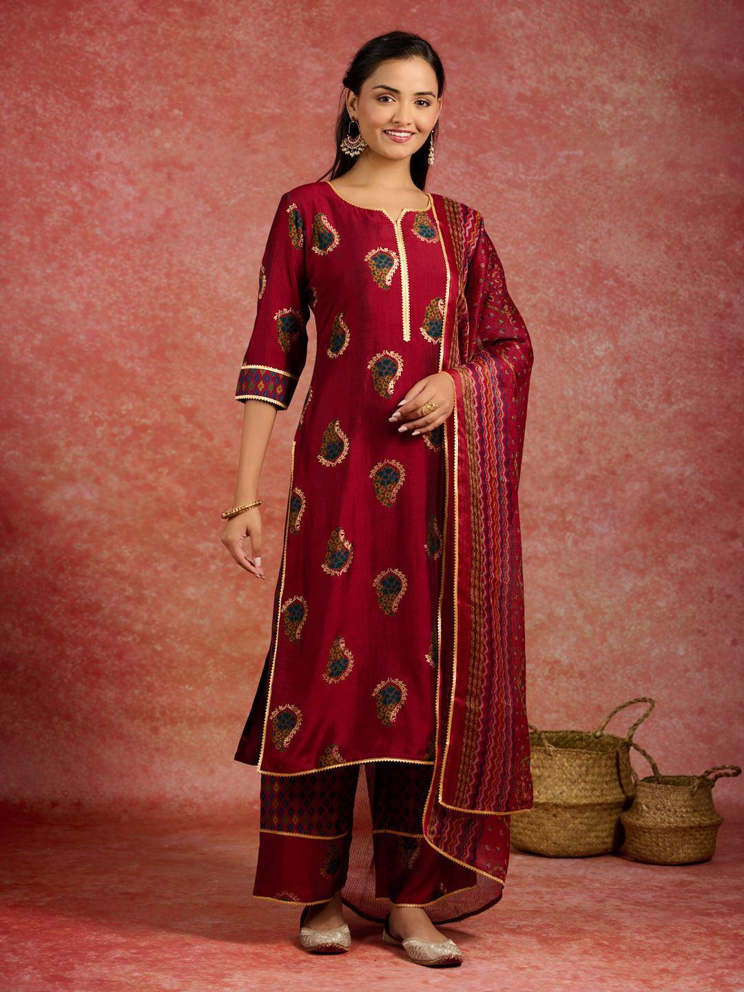 Red Printed Silk Blend Straight Suit With Dupatta