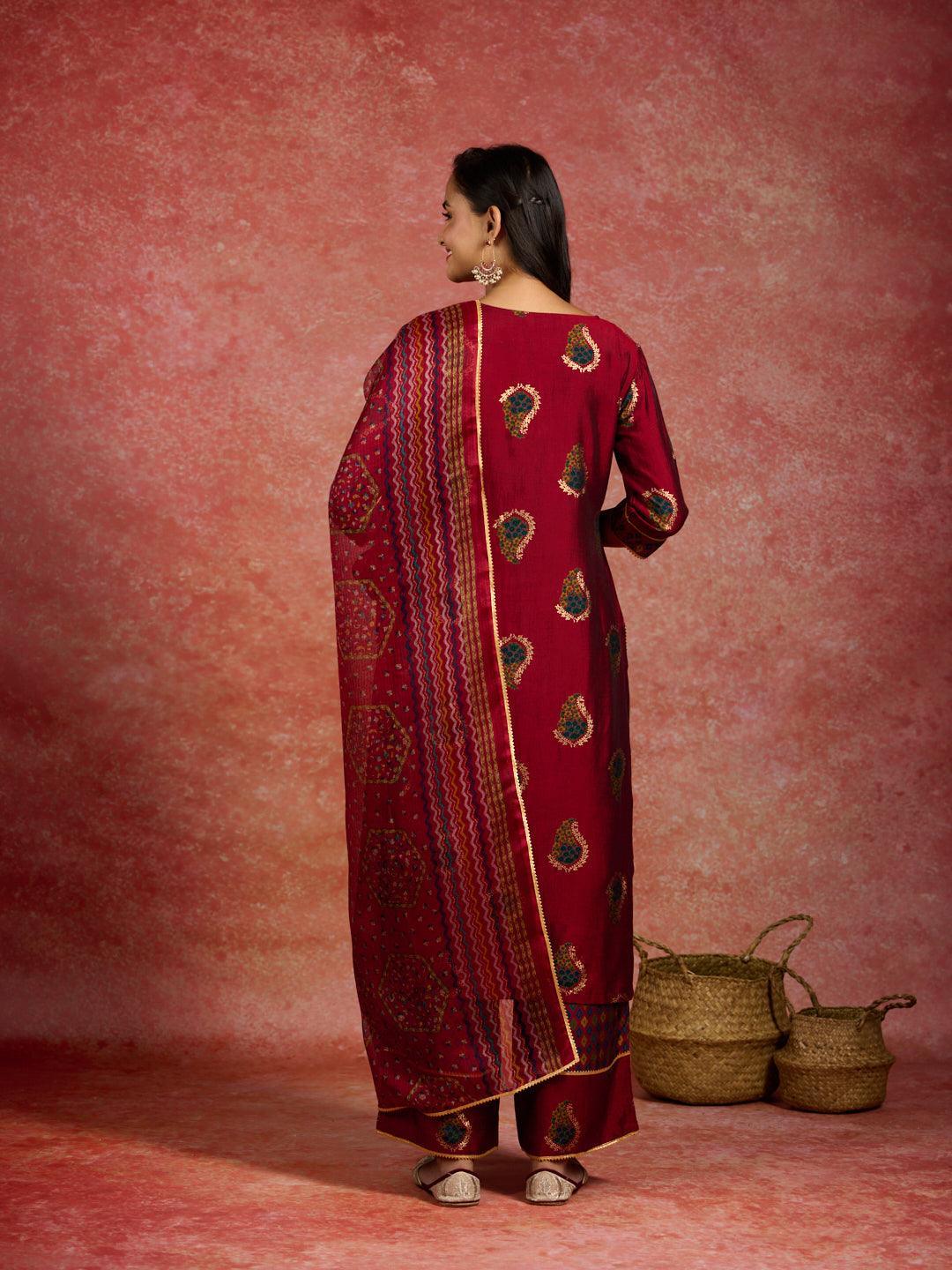 Red Printed Silk Blend Straight Suit With Dupatta