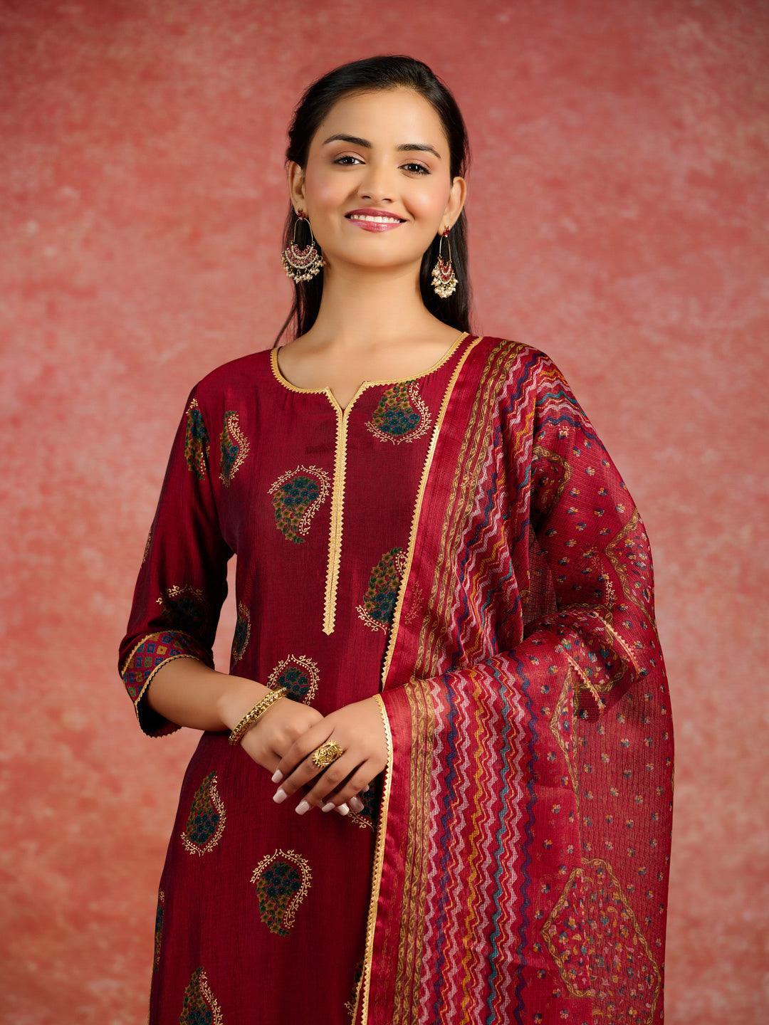 Red Printed Silk Blend Straight Suit With Dupatta