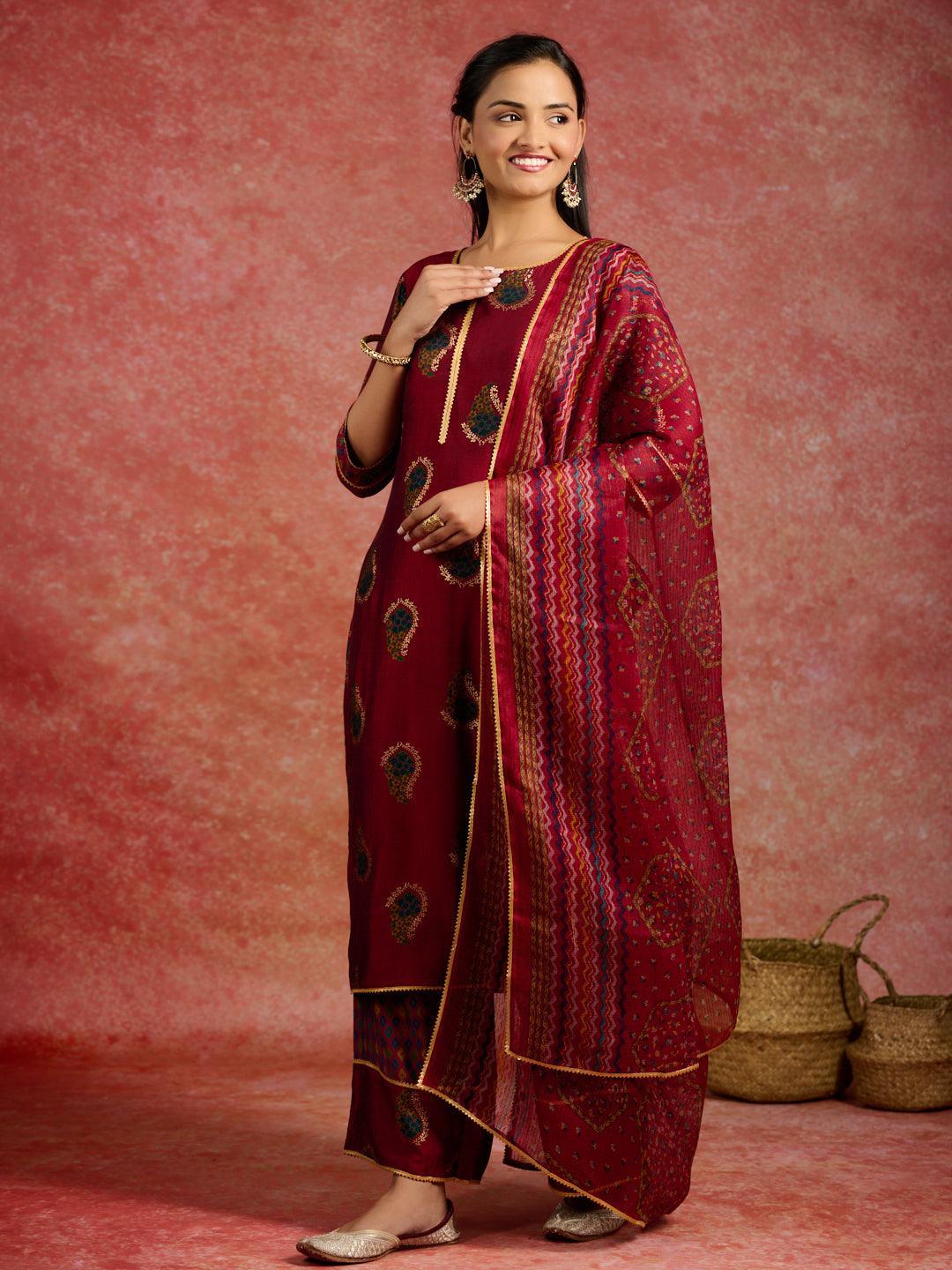 Red Printed Silk Blend Straight Suit With Dupatta