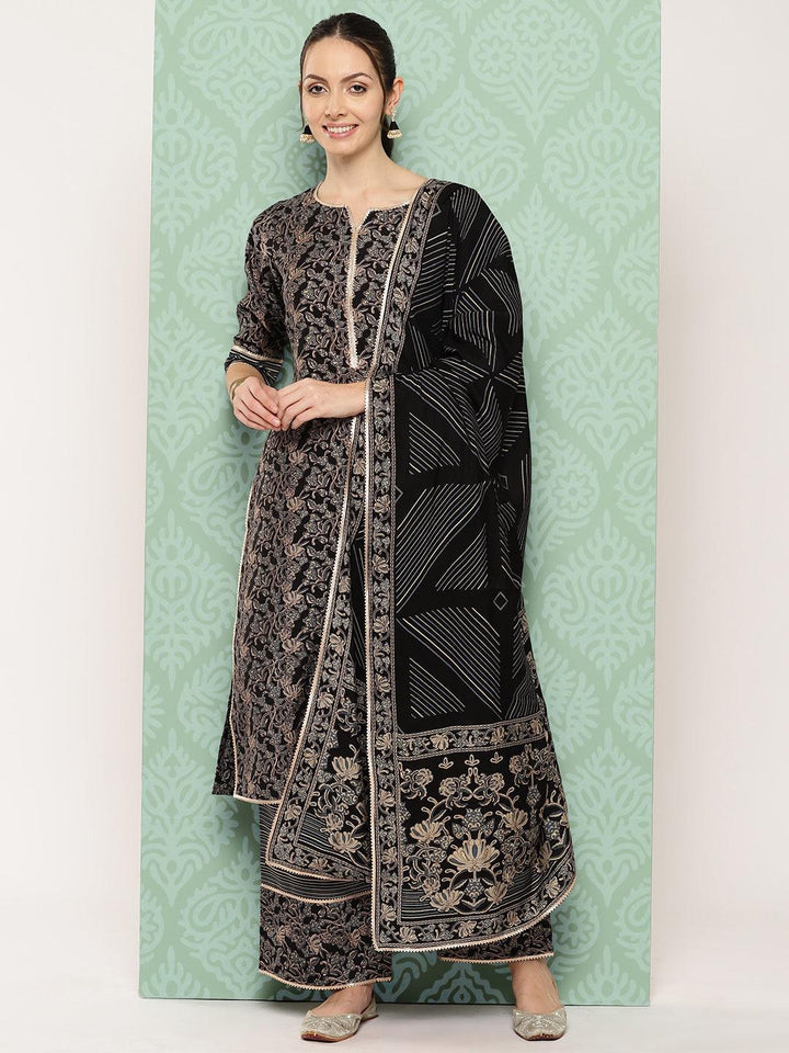 Blue Printed Silk Blend Straight Kurta With Palazzos & Dupatta - ShopLibas