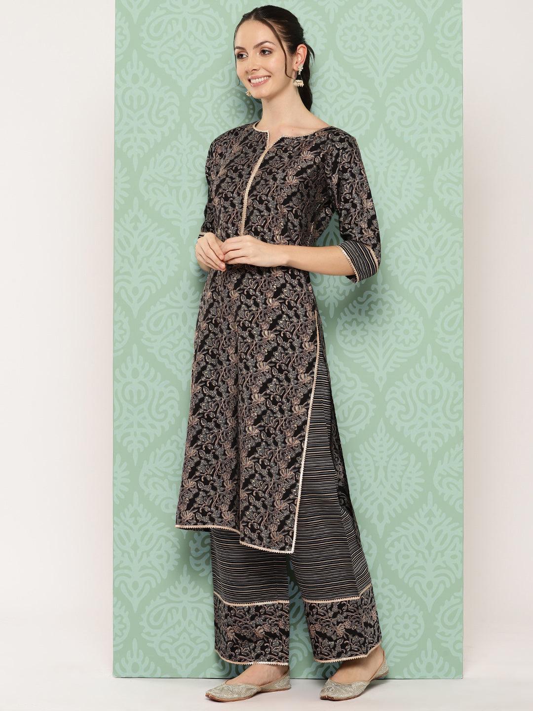 Blue Printed Silk Blend Straight Kurta With Palazzos & Dupatta - ShopLibas