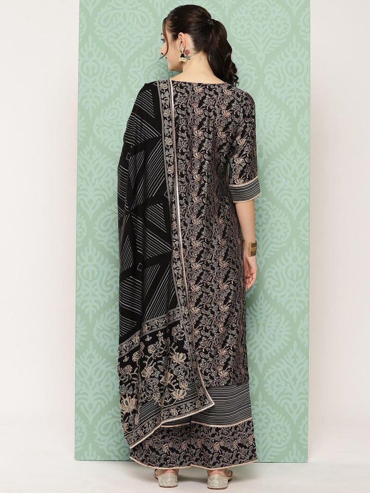 Blue Printed Silk Blend Straight Kurta With Palazzos & Dupatta - ShopLibas