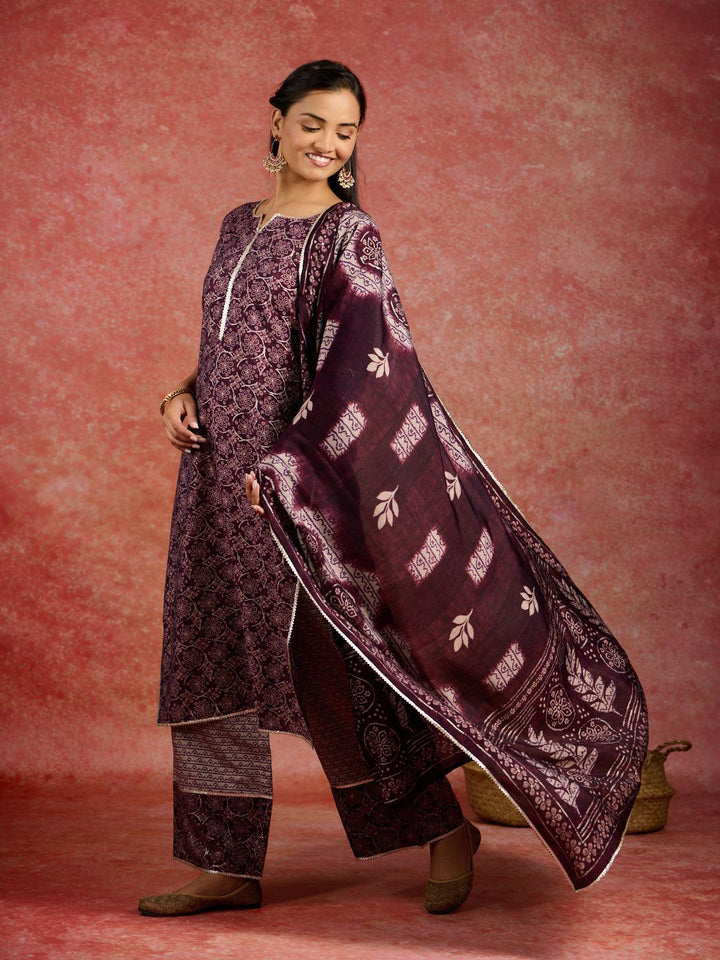 Burgundy Printed Silk Blend Straight Kurta With Palazzos & Dupatta - ShopLibas